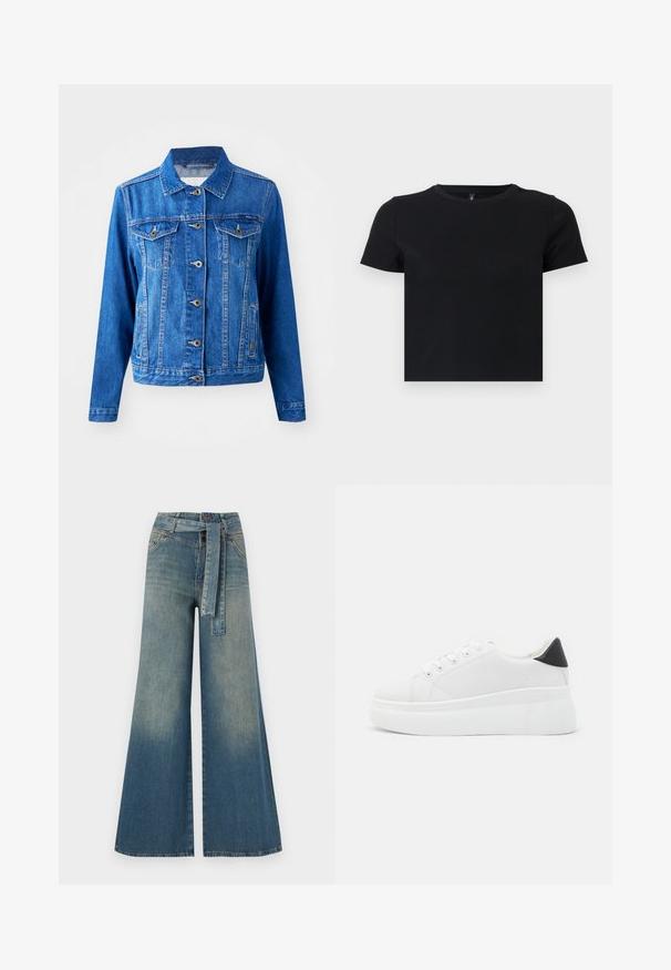 Chaqueta de mezclilla azul con cuello, cierre frontal de botones, dos bolsillos en el pecho y bolsillos laterales. Presenta costuras en contraste y una forma ligeramente ajustada.; Camiseta negra de manga corta hecha de algodón suave. Presenta un escote redondo y un diseño ajustado. Textura lisa sin patrones ni acentos.; Pantalones de mezclilla de pierna ancha con un degradado de azul claro a oscuro, cintura alta, trabillas para cinturón y un cinturón de tela a juego. Acabado de mezclilla texturizada.; Zapatillas de plataforma blancas hechas de material sintético suave, con punta redondeada, diseño de cordones y suela de goma texturizada. Acento en el talón negro.