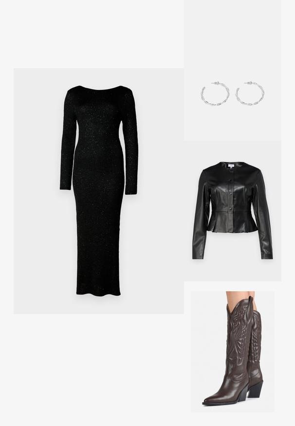 Jachetă din piele neagră, scurtă, cu guler rotund, închidere cu nasturi, mâneci lungi și detalii cu hem peplum. Textură netedă, design minimalist.; Rochie neagră cu mânecă lungă, confecționată dintr-un material texturat, cu o formă ajustată și un design până la podea, având sclipiri subtile pe întreaga suprafață.; Bocanci de cowboy din piele maro, cu vârf ascuțit și toc pătrat, având cusături detaliate și accente ridicate pe tijă.; Cercei din argint cu un design torsadat, având un finisaj lucios și închidere cu tijă. Au un diametru de aproximativ 3 cm.