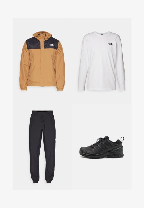 The North Face M ANTORA JACKET - Hardshell-jakke - utility brown/black; Hvid langærmet T-shirt lavet af bomuld med rund hals. Har et lille sort logo på brystet. Glat tekstur, almindelig pasform.; Sorte atletiske bukser lavet af letvægtsstof, med en snor i taljen, sidelommer og tapered manchetter ved anklerne.; Sort atletik sko med en struktureret syntetisk overdel, polstret sål og et hurtiglukkesystem. Har forstærket tå og hæl.