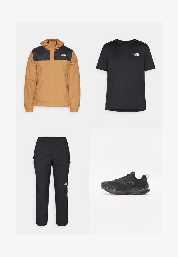 The North Face M ANTORA JACKET - Hardshelljacke - utility brown/black; Schwarzes T-Shirt mit kurzen Ärmeln aus leichtem Stoff. Mit einem kleinen weißen Logo auf der linken Brust und dezenten Akzenten an den Schultern.; The North Face WINTER EXPLORATION TAPERED CARGO - Outdoor-Hose - black; Schwarzer Sportschuh mit Mesh-Obermaterial, Gummisohle und gepolstertem Schaft. Verfügt über Schnürsenkel, Logo an der Seite und ein strukturiertes Design.