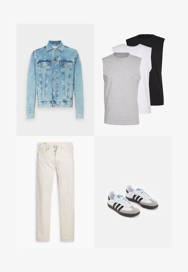 Světlomodrá džínová bunda s knoflíkovým zapínáním, kapsami na prsou, bočními kapsami a klasickým límcem, vystavená na bílém pozadí.; Tři bezrukávové trička v šedé, bílé a černé barvě. Měkký bavlněný materiál s kulatým výstřihem a uvolněným střihem. Jednoduchý design, žádné vzory.; Krémově bílé džíny s vysokým pasem a slim fit, s knoflíkovým zapínáním, pěti kapsami a měděnými nýty, rozložené na bílém pozadí.; Sportovní boty s bílým koženým svrškem, šedou semišovou špičkou a třemi černými pruhy. Obsahují modré logo na jazyku a texturovanou gumovou podrážku.