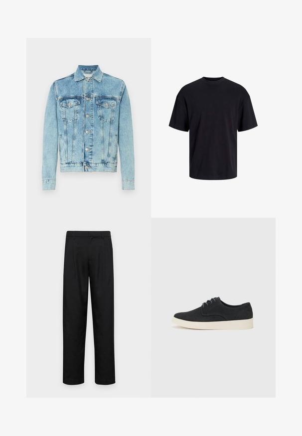 Svijetloplavi traperjak s prednjim kopčanjem, džepovima na prsima, bočnim džepovima i klasičnom ovratnikom, prikazan na bijeloj pozadini.; Črna bombažna majica s krojačkom izrezom, kratkimi rokavi in sproščenim krojem. Gladka tekstura in brez vidnih vzorcev ali poudarkov.; Črne hlače iz gladkega materiala, s krojem ravne noge, dvema sprednjima pregiboma in standardnim pasom z zankami za pas.; Črne semiš čipkaste čevlje z zaobljenim prstom, lahkotno kremasto podplat in subtilni modri šivi na zgornjem delu.
