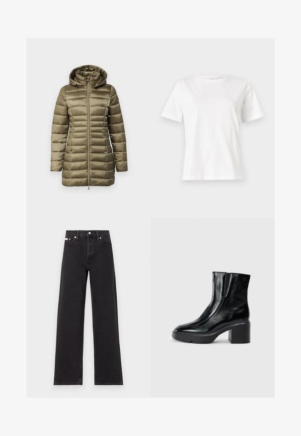 Oliivroheline puffjakker, millel on kapuuts, tikandiga disain, pikad varrukad ja keskel asuv tõmblukk. Sile, läikiv materjal ja liibuv siluett.; Valge puuvillane T-särk lühikeste varrukatega, ümmarguse kaelusega ja vabalt istuv. Sile tekstuur, ilma mustrite ja aktsentideta, minimalistik disain.; Mustad laiad mustad teksad, millel on kõrge vöökoht, viie tasku stiil ja metallist nööpkinnitus kontrastsete õmblustega.; Mustmustest must paeltega särkide, millel on kõver varvas, elastsed külgpaneelid ja jäme plokkpealse. Tagaküljel on reljeefne logo.