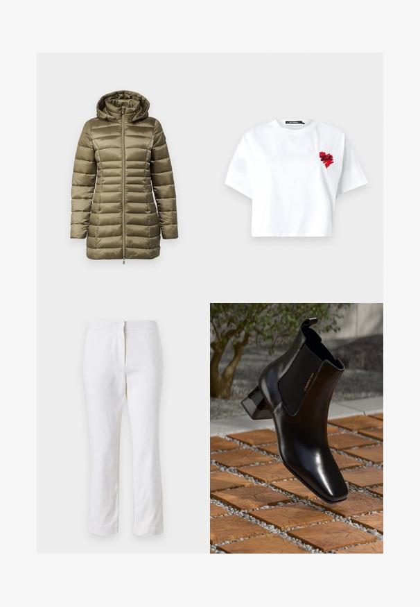 Oliivroheline puffjakker, millel on kapuuts, tikandiga disain, pikad varrukad ja keskel asuv tõmblukk. Sile, läikiv materjal ja liibuv siluett.; Valge lühikeste varrukatega puuvillane lühike t-särk, mille vasakul pool on punane tikitud südame muster. Ümmargune kaelus.; Valged puuvillased püksid sirge lõikega, keskmise kõrgusega vöökoht ja ilma nähtavate detailide või mustriteta. Ühtlane sile tekstuur.; Klongi must musta musta nahkast ankle saapad, millel on ploki konts, elastsed külgpanelid ja tõmbevale, hõljumas puidust plaadi ja kividest pinnasel õues.