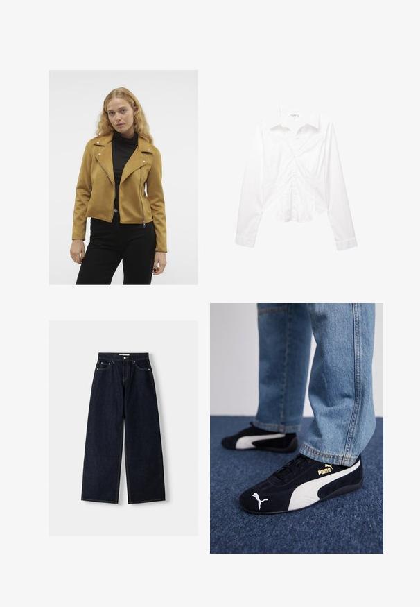 Vero Moda VMJOSE beżowy; Biała, długosleeve, dopasowana koszula z guzikami dla kobiet z kołnierzykiem, z delikatnymi detalami szwów i lekko zaokrąglonym dołem.; Granatowe dżinsy z szerokimi nogawkami i wysokim stanem, pięć kieszeni, kontrastowe szwy i srebrne metalowe akcesoria. Gładka tekstura i czyste wykończenie.; Czarne zamszowe sneakersy z białymi akcentami i złotym logo. Noszone z jasnoniebieskimi dżinsami na teksturowanej niebieskiej powierzchni.