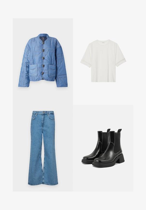 Casaco de ganga acolchoado em azul claro, com colarinho redondo, fechos tipo toggle e bolsos duplos com detalhes de costura decorativa.; T-shirt branco de manga curta feito de algodão, com bainha de renda decorativa nas mangas e decote redondo.; Jeans de brim azuis claros, com corte à boca de sino, apresentando uma cintura alta, cinco bolsos e um fecho de botão único. Textura macia com acabamento desbotado.; Botas Chelsea em couro preto com um salto grosso, painéis laterais elásticos e costura branca em contraste. Acabamento texturizado.