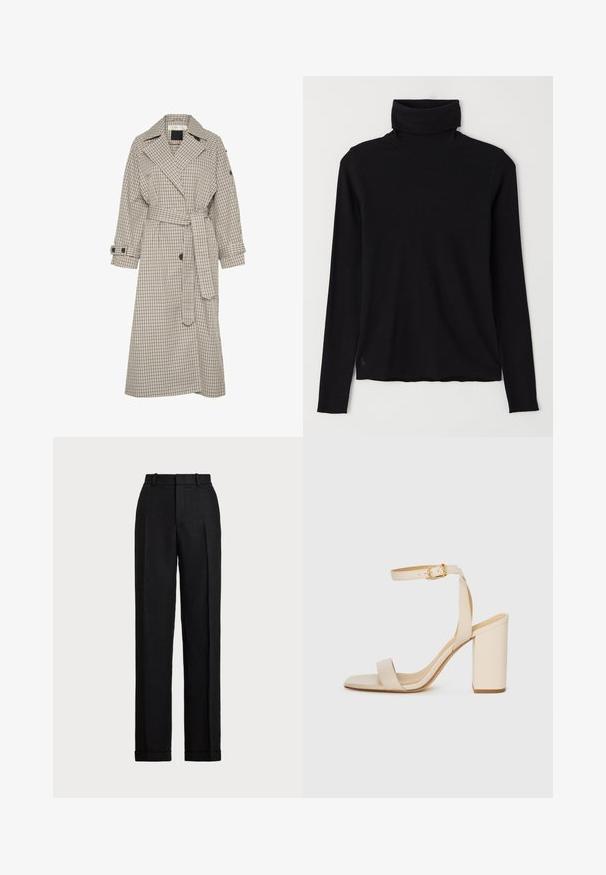 Béžový a námornícky kockovaný trenčkot s veľkým golierom, opaskom v páse a gombíkovými manžetami. Má rovný strih a mäkkú textúru látky.; Čierna roláková mikina z rebrového materiálu. Dlhé rukávy, priliehavý strih a mierne uvoľnený lem bez viditeľných vzorov alebo kovania.; Čierne, vysoko pásové nohavice z ľanu. Majú rovný strih, záhyby a manžety na leme. Bez viditeľných vreciek alebo zapínania.; Béžové sandále na vysokom opätku so štvorcovou špičkou, tenkým remienkom na členku a blokovým opätkom. Hladká kožená textúra s detailom zlatého spony.