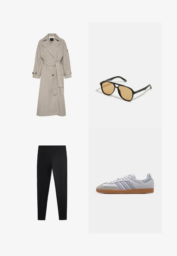 Beige és sötétkék kockás trencs, nagy gallérral, övvel a deréknál és gombos mandzsettákkal. Egyenes vonalú kivágás és puha anyagtextúra jellemzi.; Fehér bordázott ujjatlan póló, melyen a mellkas közepén egy fekete hímzett logó található. A nyakkivágás és az ujjak nyílásai finom szegéllyel vannak ellátva.; Fekete leggings sima, rugalmas anyagból. Széles derékpánt és szűkülő lábzárás jellemzi, alkalmas aktív vagy laza viseletre.; Fehér bőr sportcipők világoskék részletekkel, szürke velúr orral és barna gumitalppal. Három kék csíkkal és "Samba" felirattal rendelkezik.; Fekete napszemüveg barna árnyalatú lencsékkel; téglalap alakú, vastag kerettel, a szárakon diszkrét fém részletekkel.