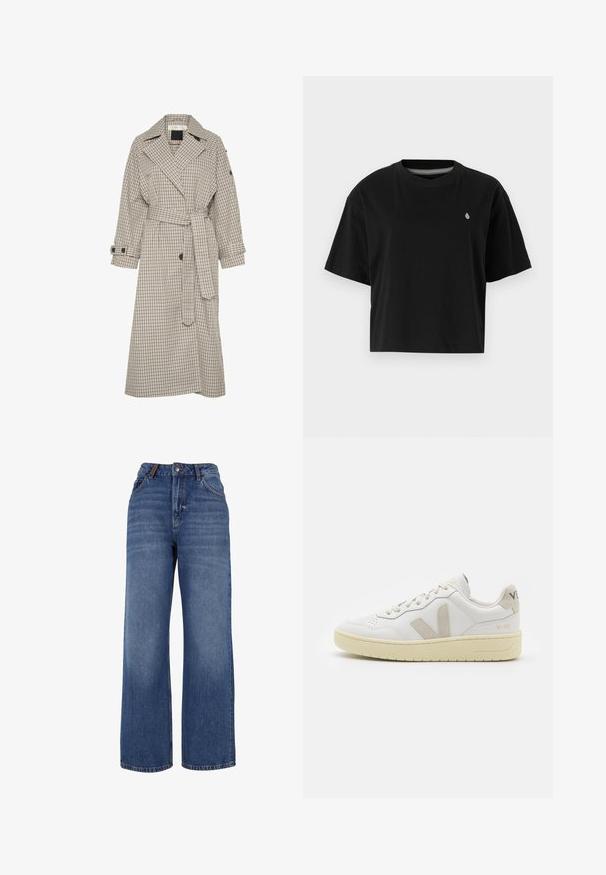 Beež ja tumesinine ruuduline trench coat suure kraega, vööpind ja nööpidega mansetid. Omab sirget lõiget ja pehmet kangasteksti.; Must have t-särk, mis on valmistatud puuvillast, lühikeste varrukatega, ümmarguse kaelusega ning vasakul rinnal on väike valge logo.; Laiad jalgadega denim teksad, mis on valmistatud keskmise kaaluga sinisest puuvillakudumist. Omab klassikalist viit taskut ja lukuga esiots, millel on nööbiga kinnitamine.; Valge nahast tenniseking, millel on beežist siidist aktsent ja aukudega varvas, lame paelad ja tekstureeritud koorevärvi tallad. Omab nüansirikast brändimist kannal.