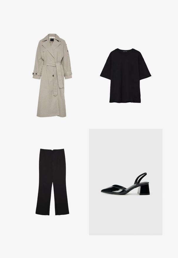 Bež in mornarsko modra karirana plašč s širokim ovratnikom, pasom in gumbi na zapestjih. Ima ravno krojenje in mehak tekstil.; Črna bombažna majica s sproščenim krojem, kratkimi rokavi, zaobljenim izrezom in gladko teksturo. Brez vidnih vzorcev ali dodatkov.; Črne hlače ravnega kroja z naglavnimi žepi in stranskimi razporki na robu. Narejene iz mehke, gladke tkanine. Primerne za različne priložnosti.; Črne lakirane slingback pete s koničastim nosom in geometrijsko blokasto peto. Imajo eleganten, minimalističen dizajn in gladko teksturo.