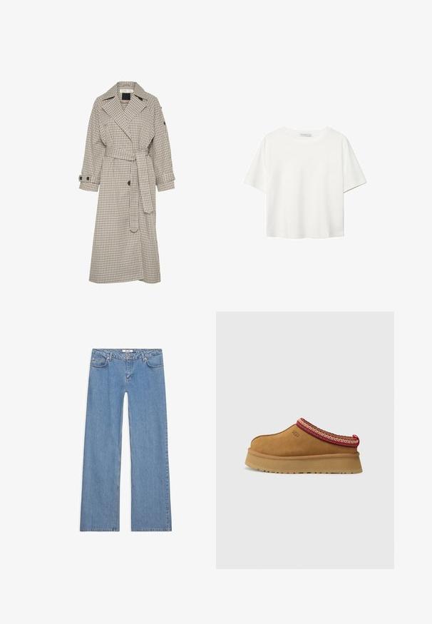 Beżowy płaszcz trench w kratę w odcieniach granatu z dużym kołnierzem, paskiem w talii i zapięciem na guziki przy mankietach. Charakteryzuje się prostym krojem i miękką fakturą materiału.; Biała koszulka z krótkim rękawem, wykonana z bawełny. Posiada okrągły dekolt i luźny krój. Gładka faktura bez widocznych wzorów czy akcentów.; Jasnoniebieskie dżinsy o szerokich nogawkach, wykonane z denimu, z pięciokomorowym fasonem, zapięciem na guzik oraz przeszyciami wzdłuż szwów i brzegów.; Brązowy zamszowy but wsuwany z czerwono-kremowym ozdobnym wykończeniem, teksturowaną podeszwą i logo UGG z boku. Posiada lekko podwyższone podłoże.