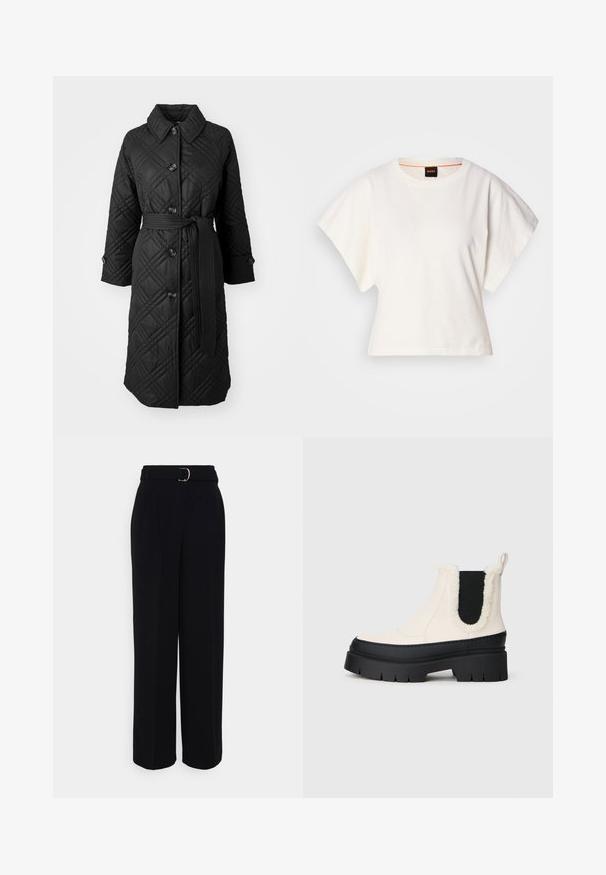 Fekete steppelt kabát, strukturált gallérral, gombos elülső résszel és övvel. Gyémánt alakú varrással és gombos mandzsettákkal rendelkezik.; Fehér, rövid, bő ujjú, crop szabású póló, puha pamut anyagból, kerek nyakkivágással, finom narancssárga díszítéssel, minimalista dizájn, minta vagy grafika nélkül.; Fekete, testre szabott nadrág, széles szárű sziluettel, ezüst csattal ellátott övvel, pliszékkel és sima textúrával.; Söprű platform bokacsizma fehér felsőrésszel, fekete gumi talppal és kontrasztos fekete elasztikus oldalszíjakkal. Műszőrme díszítés a felső szélen.