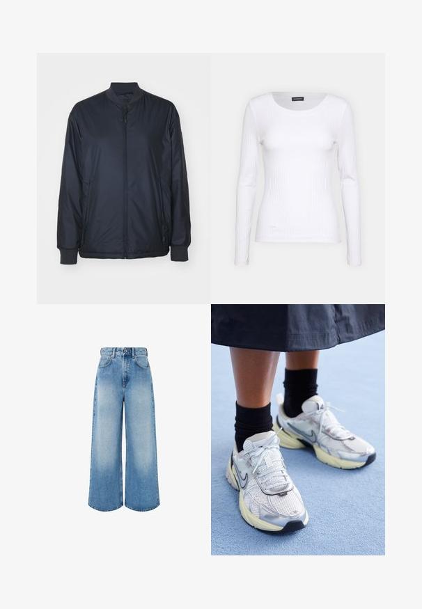 Námorný bomber kabát vyrobený z ľahkej, hladkej tkaniny; obsahuje predný zips, bočné vrecká a rebrované manžety a golier. Žiadne vzory.; Biely rebrovaný top s dlhým rukávom a okrúhlym výstrihom. Vyrobený z pružného materiálu, ktorý obopína telo. Obsahuje jemné horizontálne pruhy.; Svetlomodré nohavice s širokými nohavicami vyrobené z denimu, s vysokým pásom, zapínaním na gombík a jemným prešúchaním s čistými okrajmi nohavíc.; Biele a strieborné Nike tenisky s mrežovou textíliou, reflexnými akcentmi a béžovou podrážkou. Nosené s čiernymi ponožkami, stojace na modrom povrchu.