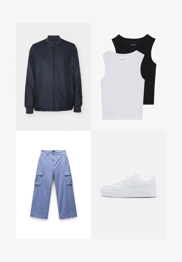 Granatowa kurtka bombowa wykonana z lekkiego, gładkiego materiału; posiada zamek błyskawiczny z przodu, boczne kieszenie oraz ściśnięte mankiety i kołnierz. Bez wzorów.; Dwie bezrękawniki w kolorze czarnym i białym, wykonane z prążkowanej bawełny, z okrągłymi dekoltami i dopasowanym fasonem. Widoczne etykiety na obu.; Jasnoniebieskie spodnie cargo z gładkiego materiału. Posiadają podwójne kieszenie boczne, luźny krój oraz prostą nogawkę z przeszyciami.; Białe sneakersy wykonane z gładkiego materiału syntetycznego, z okrągłym czubkiem, płaską podeszwą i subtelnymi akcentami logo po bokach. Klasyczny niski design.