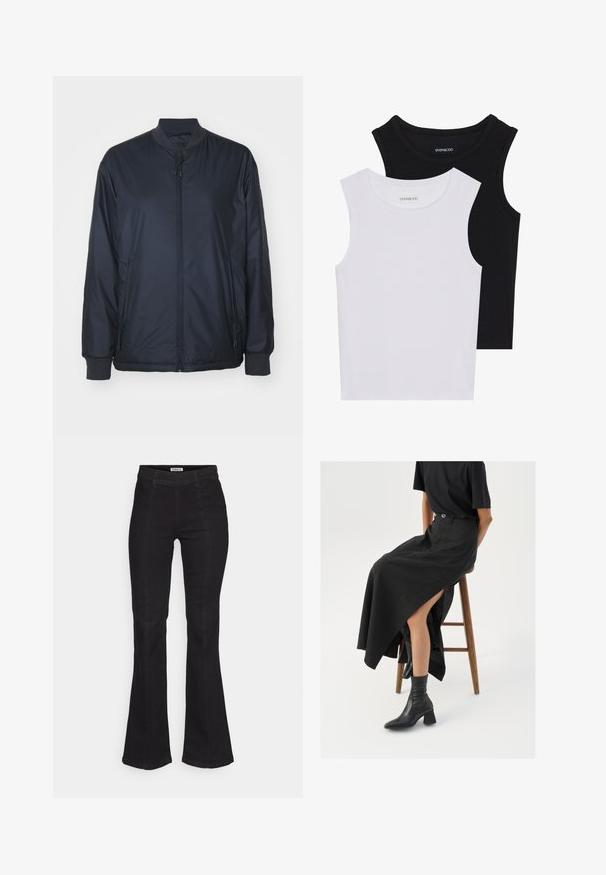 Mornarska bombarder jakna izrađena od lagane, glatke tkanine; sadrži prednji patentni zatvarač, bočne džepove i rebraste manžete i ovratnik. Bez uzoraka.; Dva majica bez rukava u crnoj i bijeloj boji, izrađene od rebrastog pamuka, s okruglim izrezima i prianjajućim dizajnom. Oznake su vidljive na obje.; Crne trapezice od denima, s visokim strukom, suptilnim detaljima šavova sprijeda i klasičnim dizajnom s pet džepova.; Crna lanena maksi suknja s visokom prorezom, nosi se s crnom majicom i crnim gležnjačama. Minimalistički dizajn s opuštenim krojem.
