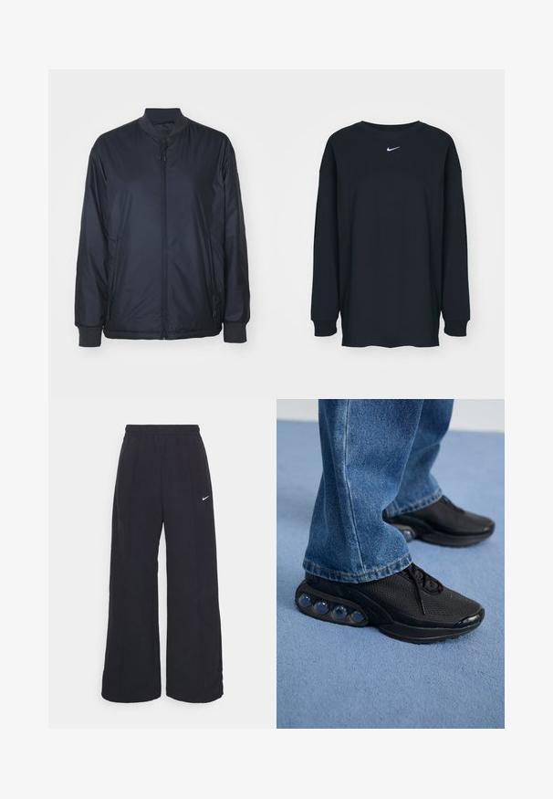 Navy bomber jacket made of lightweight, smooth fabric; features a front zipper, side pockets, and ribbed cuffs and collar. No patterns.; Black long-sleeve T-shirt made of cotton with a crew neckline. Features a white Nike logo on the chest. Soft texture, simple design.; Black wide-leg pants with an elastic waistband and a small white Nike logo. Fabric has a smooth texture, designed for comfort and casual wear.; Black athletic sneakers with mesh upper, textured accents, and visible air cushioning pods in the sole. Worn with blue denim jeans.