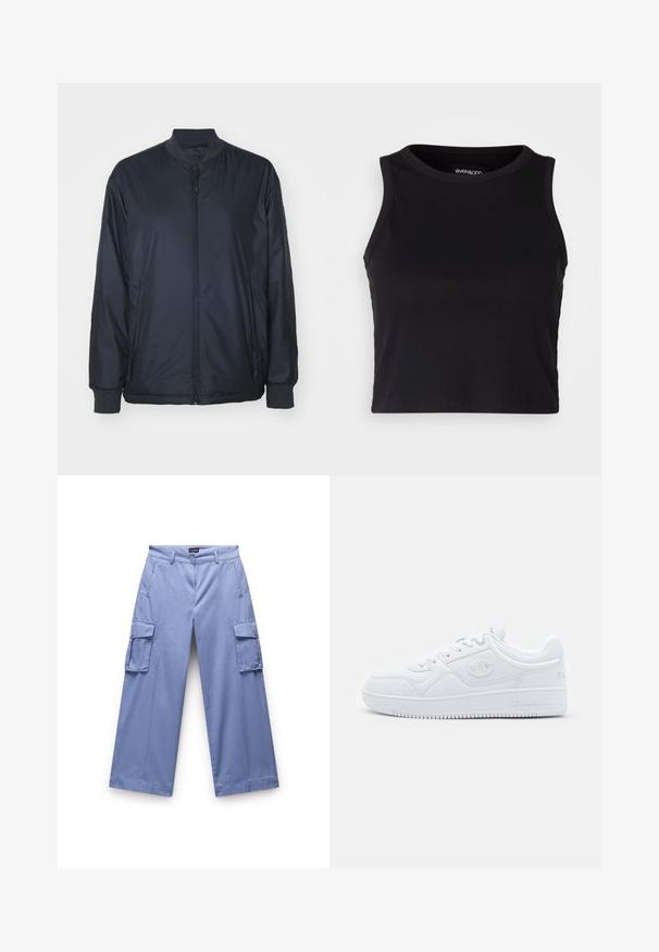 Marine bomberjakke laget av lett, glatt stoff; har glidelås foran, sidelommer og ribbestrikkede mansjetter og krage. Ingen mønstre.; Svart ribbet crop tank top med rund halslinning og ermeless design. Laget av myk, elastisk stoff med rene, kantede kanter.; Lyseblå cargo bukser laget av et glatt stoff. Har doble sidelommer, avslappet passform og rett ben design med sømdetaljer.; Hvit sneakers laget av glatt syntetisk materiale, med rund tå, flat såle og subtile logoaksenter på sidene. Klassisk lavt design.