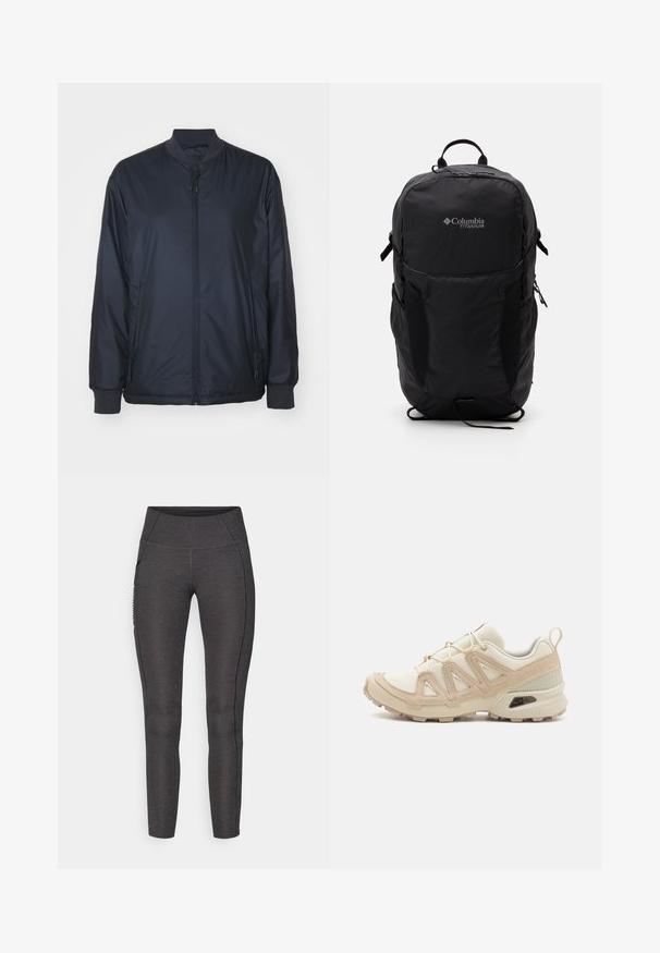 Tumes sinine pommitaja jope, mis on valmistatud kerge ja siledast kangast; omab esimest tõmblukk, küljetaskuid ning soonikservasid varrukatel ja krael. Ilma mustriteta.; Mustvalge puuvillane t-särk, millel on ümber kaeluse lõige ja lühikesed varrukad. Märkimisväärne valge logo vasakul ülal nurgas. Sile tekstuur, mugav lõige.; Tumehallid kõrge talje sääretükid, mis on valmistatud tekstuuriga kangast. Omavad tihedat disaini ja küljetaskuid hoiustamiseks.; Beež ja koobalti spordijalats tekstureeritud võrkkattega, toetavad ülemised kihid ja kummist tallaga, millel on mustriga joonistus haardeks.; Mustan Columbia Titanium seljakott, millel on sile kangastekstuur, küljetaskud, ülemine käepide ja reguleeritavad rihmad. Minimalistlik disain koos peene brändinguga.