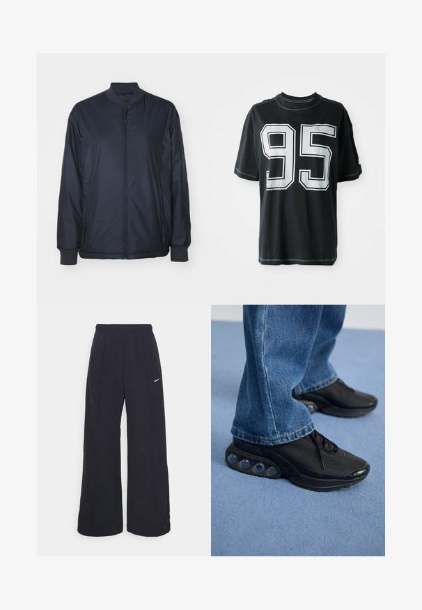 Casaco de piloto marinho feito de um tecido leve e suave; apresenta um fecho frontal de zíper, bolsos laterais e punhos e colarinho ribados. Sem padrões.; T-shirt de algodão preto com mangas curtas, apresentando o número "95" impresso em branco na parte da frente e costura contrastante ao longo das bordas.; Calças largas pretas com um cós elástico e um pequeno logótipo branco da Nike. O tecido tem uma textura suave, projetado para conforto e uso casual.; Ténis atléticos pretos com parte superior em malha, detalhes texturizados e almofadas de amortecimento de ar visíveis na sola. Usados com uns jeans de ganga azuis.