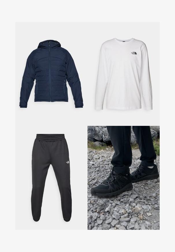 Laivastonsininen puffatakki vetoketjulla edessä, säädettävällä hupulla ja elastisilla hihansuilla. Sisältää tyylikkään muotoilun ja tikatun pinnan eristystä varten.; Valkoinen pitkähihaisen T-paita, joka on valmistettu puuvillasta ja jossa on pyöreä kaula-aukko. Rintamuksessa on pieni musta logo. Sileä kangas, normaali malli.; Mustat collegehousut, joissa on nauhakuomu vyötäröllä, kapeneva fit, elastiset hihansuut ja pieni valkoinen logo vasemmassa reidessä, valmistettu sileästä kankaasta.; Mustat ulkokengät, joissa on verkko- ja synteettinen materiaali, teksturoitu päällinen, varma nauhoitusjärjestelmä ja kestävä pohja kivikkoisella maastolla.