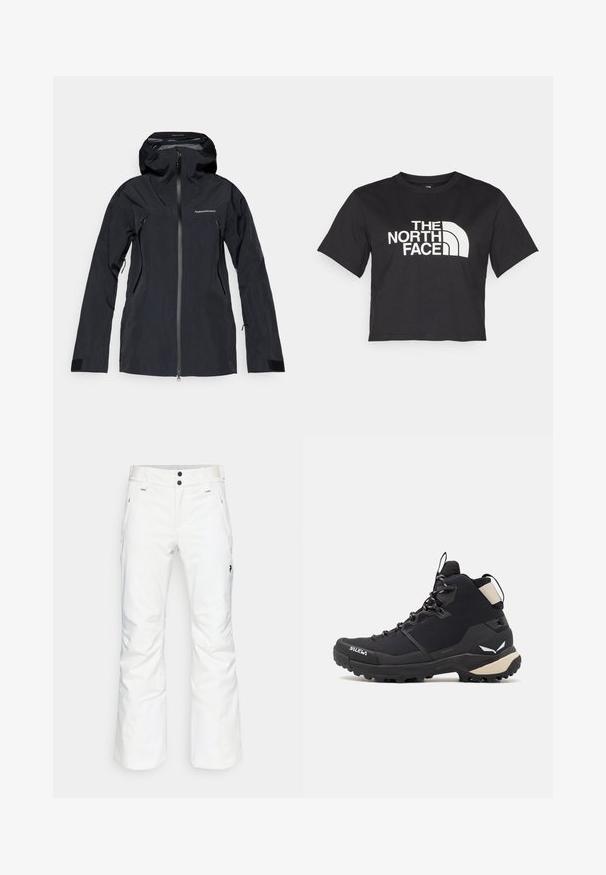 Giacca impermeabile nera con cappuccio, dotata di zip frontale completa, tasche con zip e polsini regolabili. Tessuto liscio con una vestibilità aderente.; Maglietta nera corta in cotone, con un logo bianco con accenti curvi e testo "THE NORTH FACE" sul davanti. Maniche corte, colletto alla marinara.; Pantaloni da neve bianchi con un design a gamba dritta, due tasche frontali e due chiusure con bottoni neri. Tessuto testurizzato con dettaglio di branding nero.; Salewa PUEZ MID PTX - Scarpa da hiking - black