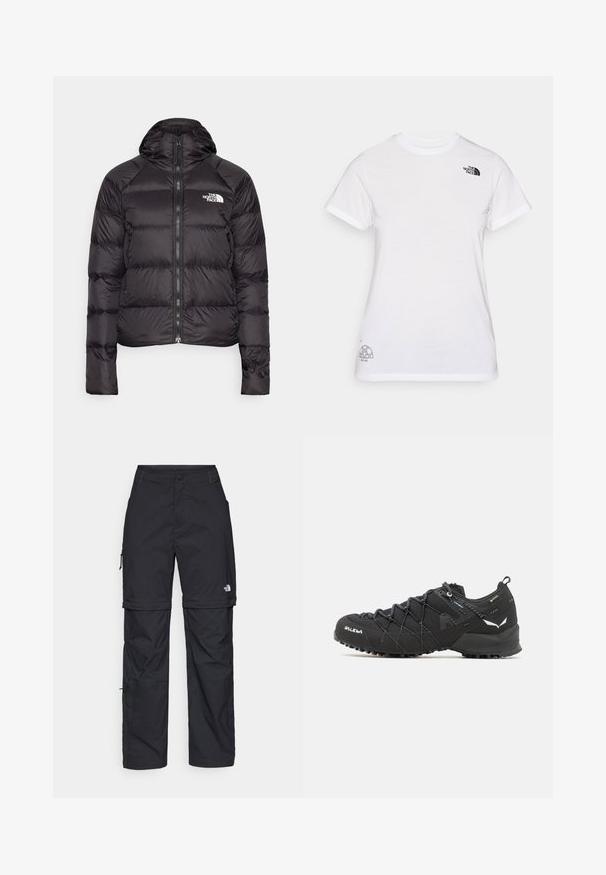 Casaco puffer preto com capuz, com fecho de correr à frente, design acolchoado e um logótipo no lado esquerdo do peito. Material suave e leve.; T-shirt branca de algodão com um logótipo preto no lado esquerdo do peito e um design gráfico cinza na parte inferior direita. Decote redondo clássico e mangas curtas.; Calças cargo pretas em nylon com fechos de correr removíveis, punhos ajustáveis, múltiplos bolsos e um logótipo na perna direita. Textura suave e leve.; Botas de caminhada pretas com parte superior em tecido texturizado, sistema de atacadores e sola de borracha robusta. Apresentam detalhes refletivos e logótipos.