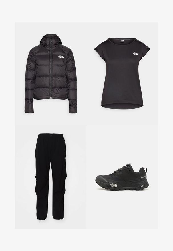 Μαύρο φούτερ μπουφάν με κουκούλα, που διαθέτει φερμουάρ μπροστά, κομψό σχέδιο με ραφές και λογότυπο στο αριστερό στήθος. Λείο, ελαφρύ υλικό.; The North Face TANKEN TANK - Αθλητικό μπλουζάκι - black; Μαύρο παντελόνι εξωτερικού χώρου φτιαγμένο από ανθεκτικό υλικό, με άνετη εφαρμογή, ελαστική μέση και σφιχτές μανσέτες για ρυθμιζόμενο μήκος.; Μαύρο ορειβατικό παπούτσι με υφή στην πάνω επιφάνεια, κούμπωμα με κορδόνια και χοντρή καουτσούκ σόλα που διαθέτει ένα προεξέχον λογότυπο στο πλάι και σχέδια στο ελαστικό.