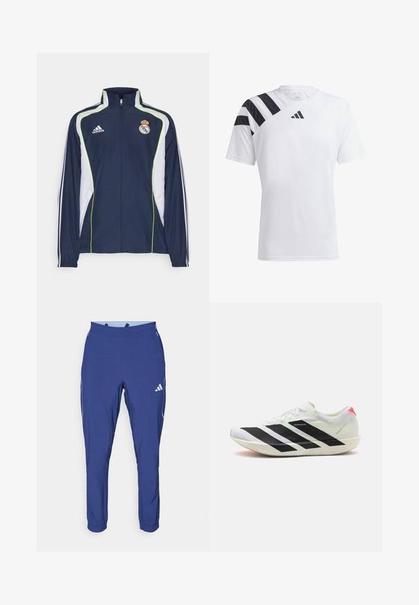 Marinblå jacka med vita detaljer och gröna kontraster, har en hög krage, dragkedja fram och Adidas-logotyp på bröstet, designad för sport.; Vit lättviktig atletisk tröja med svarta ränder på vänster axel och svart logotyp på bröstet. Korta ärmar, rundad halsringning.; adidas Performance TECH APP - Träningsbyxor - dark blue/glow blue; Vit sportskon med svarta diagonala ränder, lätt mesh-material, gröna accenter och röd hälflik; har en slank, avlång design.