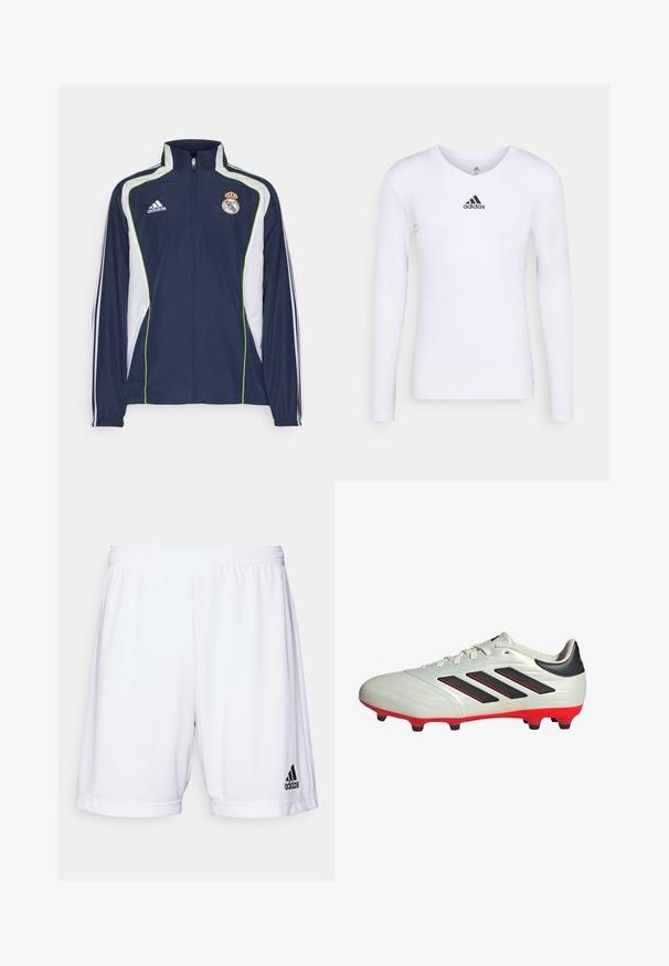 Marineblaues Jacket mit weißen Akzenten und grüner Paspelierung, ausgestattet mit einem hohen Kragen, einem Reißverschluss vorne und einem Adidas-Logo auf der Brust, entworfen für den Sport.; Langärmliges weißes Sportshirt aus glattem Material mit einem schwarzen Adidas-Logo auf der Brust; V-Ausschnitt-Design und figurbetonte Form.; Weiße Sportshorts mit elastischem Bündchen, aus einem glatten Stoff gefertigt. Mit einem schwarzen Adidas-Logo auf der unteren linken Seite.; Weißer Fußballschuh mit schwarzen Akzenten und roter Sohle. Verfügt über drei schwarze Streifen an der Seite und ein glattes Obermaterial.