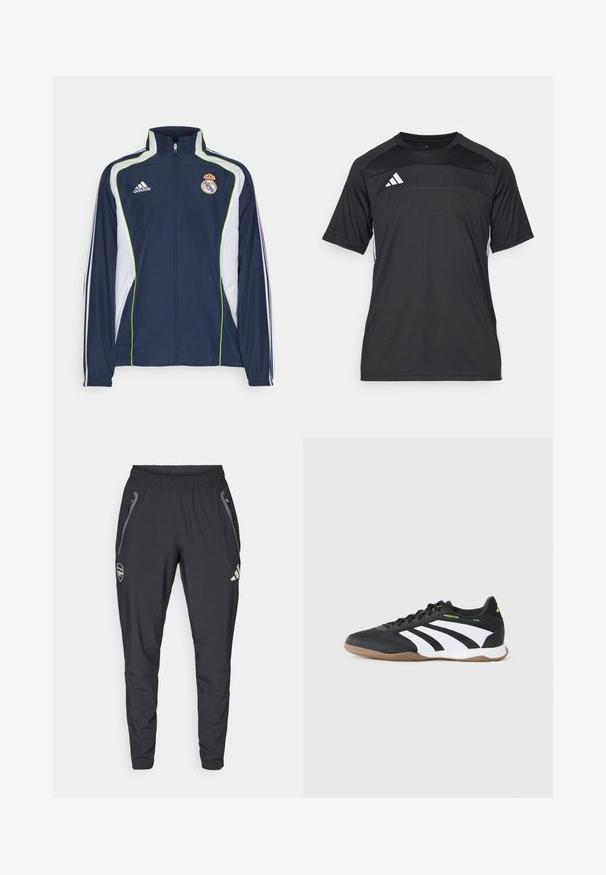 Navy jacket with white accents and green piping, features a high collar, zip front, and Adidas logo on the chest, designed for sports.; Black athletic t-shirt with short sleeves, featuring a textured panel at the chest and white stripes along the sides. Adidas logo on front.; adidas Performance ARSENAL FC TIRO25 COMPETITION VIS TECH TRAVEL PANT - Club wear - black; Black and white low-profile indoor sports shoe with gum sole, laces, and neon green "Predator" branding on side.