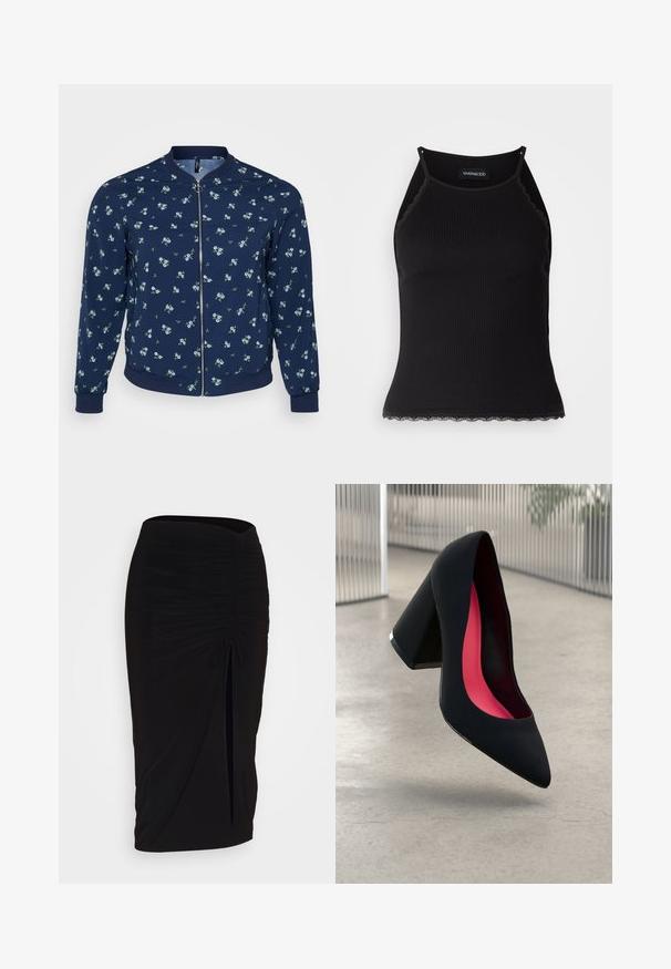 Námořnická bombardérová bunda s květinovým vzorem, na kterém jsou malé modré květiny a zelené listy, se zipovým zapínáním a ribbenými manžetami a lemem.; Černý žebrovaný top na ramínka s krajkovým lemem na spodním okraji. Obsahuje tenké ramínka a přiléhavý střih. Vyrobeno z elastické látky.; Černá, řasená tužková sukně s detailem na zavazování a bočním rozparkem. Vyrobena z elastického materiálu s hladkou texturou a přiléhavým střihem.; Černá vysoká podpatková bota s špičatou špičkou, texturovaným povrchem a živým růžovým interiérem. Obsahuje masivní podpatek se stříbrným akcentem.