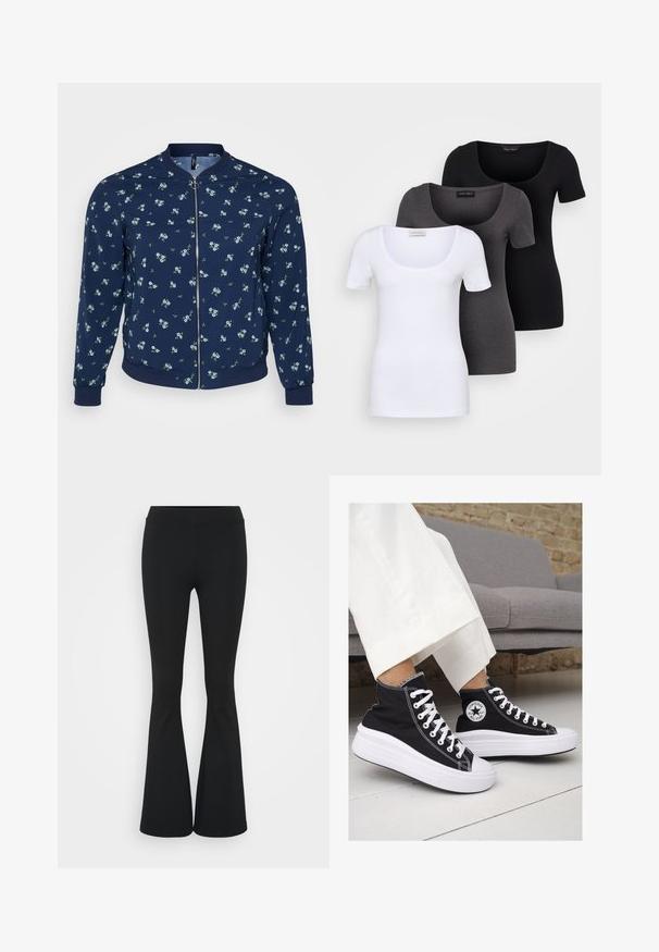 Marinblå bomberjacka med blommönster som har små blå blommor och gröna blad, dragkedjestängning samt ribbade manschetter och nederkant.; Tre åtsittande T-shirts i vitt, grått och svart. Var och en har en bred rundad halsringning och korta ärmar. Tillverkade av mjukt, stretcht tyg.; Svarta utsvängda byxor i elastiskt tyg med hög midja och en mjuk textur. Byxorna vidgar sig från knäet.; Svarta canvas högskor med vita gummisulor och snören. Har en cirkulär logotyp på sidan och kontrasterande vit sömnad.