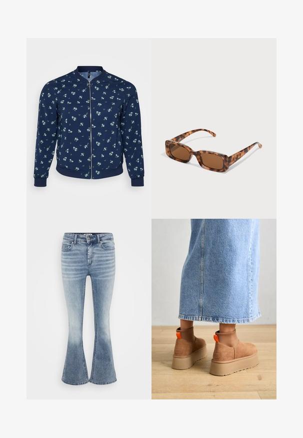 Blouson aviateur marine avec un motif floral composé de petits fleurs bleues et de feuilles vertes, fermeture éclair, et poignets et ourlet côtelés.; Even&Odd Petite 3 PACK - T-shirt à manches longues - black/white/light green; Jean flare bleu clair en denim, avec un design classique à cinq poches, fermeture éclair à l'avant et un léger délavage le long des cuisses.; Bottes en suède brun à plateforme avec des panneaux latéraux élastiques et des languettes orange, associées à une jupe en denim clair arrivant au genou sur un sol en bois.; Lunettes de soleil en écaille de tortue avec des verres rectangulaires marron, une monture épaisse et des branches fines présentant un motif de nuances variées de marron.; Boucles d'oreilles en argent en forme de boucle avec un design de nœud, finition lisse et texture polie. Style compact et minimaliste adapté à diverses occasions.