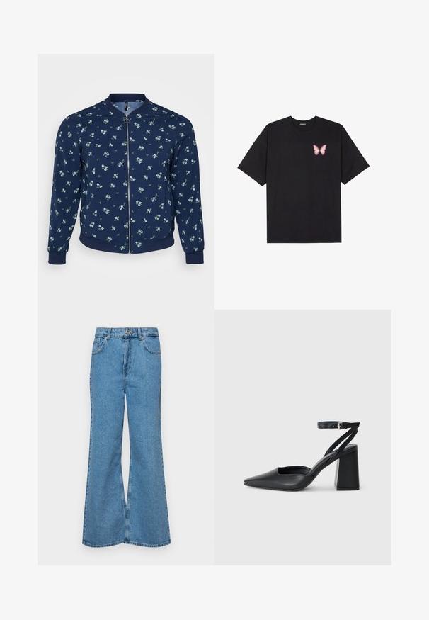 Navy bomber jacket featuring a floral pattern with small blue flowers and green leaves, zip closure, and ribbed cuffs and hem.; Black cotton t-shirt with short sleeves, featuring a small pink butterfly graphic on the left chest. Crew neck design with a relaxed fit.; Light blue flared jeans made of denim, featuring a high waist, five pockets, and a single button closure. Soft texture with faded finish.; Black leather pointy-toe pump with an ankle strap and a chunky heel. Flat texture, sleek design, and minimalistic aesthetics.