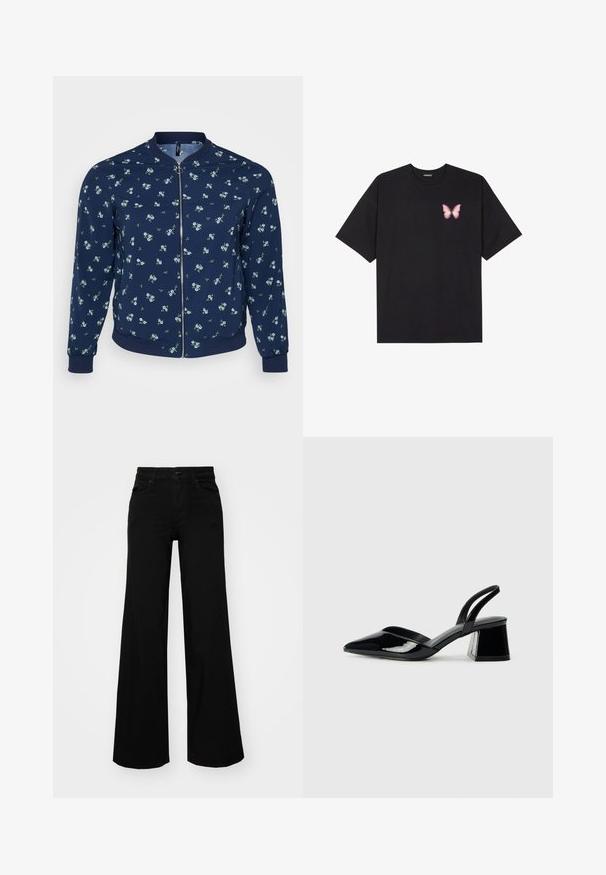 Casaco bomber azul-marinho com um padrão floral, apresentando pequenas flores azuis e folhas verdes, fechamento com zíper e punhos e bainha canelados.; T-shirt de algodão preto com mangas curtas, apresentando um pequeno gráfico de borboleta rosa no lado esquerdo do peito. Design de gola redonda com um corte solto.; Calças largas pretas em denim, com uma cintura estruturada, passantes para cinto e bolsos frontais. Textura suave com um design clássico.; Sandy em verniz preto com salto slingback, ponta afilada e salto geométrico. Apresenta um design elegante e minimalista com textura suave.