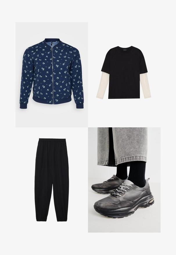 Marine bomberjakke med blomstermønster som har små blå blomster og grønne blader, glidelås på forsiden, og ribbestrikkede ermer og hem.; Svart T-skjorte laget av bomull, med korte ermer over et hvitt langermet lag med en subtil teksturert mønster. Rund hals design.; Svarte, lette bukser med elastisk liv og rynkede ankler. Stoffet er glatt og har en avslappet, innsvingt design.; Sorte og grå treningssko har en mesh-overdel, tykke såler og snøring. De har en rund tå og synlige dempe detaljer.