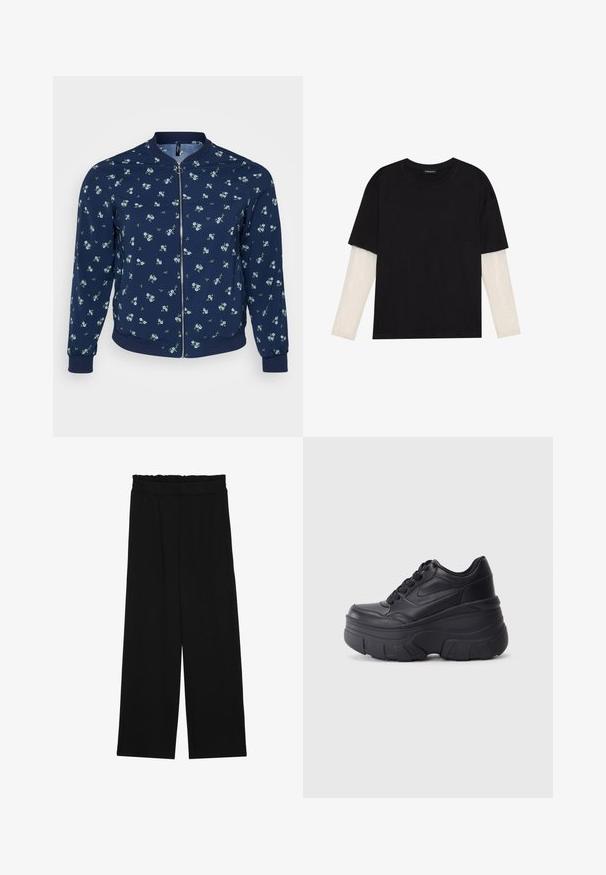 Marine bomberjakke med blomstermønster som har små blå blomster og grønne blader, glidelås på forsiden, og ribbestrikkede ermer og hem.; Svart T-skjorte laget av bomull, med korte ermer over et hvitt langermet lag med en subtil teksturert mønster. Rund hals design.; Svarte vide bukser med rynket liv, med to sidelommer og et glatt, lett stoff. Ingen synlige mønstre eller metalldeler.; Sorte snøresko med tykk såle, med et glatt læroverdel, rund tå og distinkt lagdelt plattformdesign.