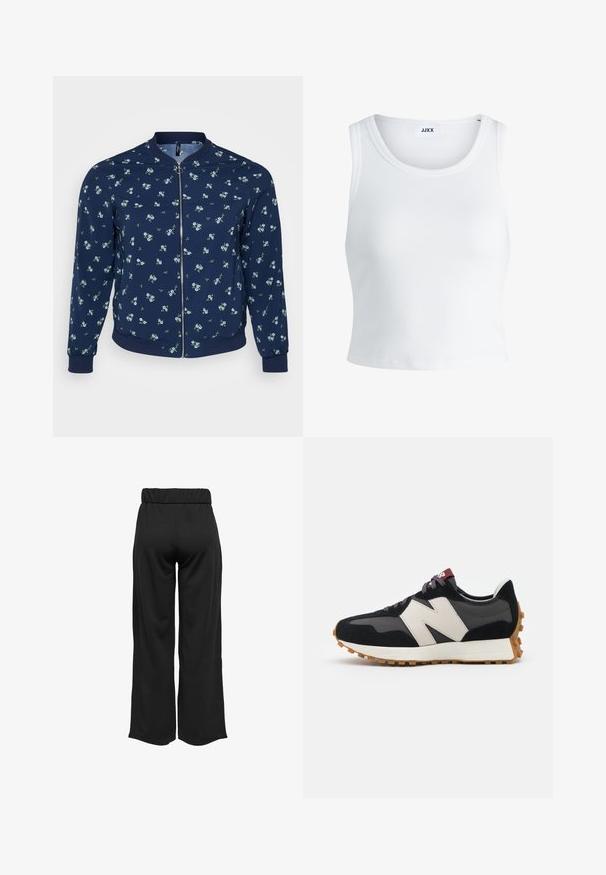 Giacca a bomber navale con motivo floreale, caratterizzata da piccoli fiori blu e foglie verdi, chiusura con zip e polsini e orlo a costine.; Canottiera bianca a coste con scollatura rotonda, senza maniche e lunghezza cropped. Etichetta con la scritta "JJXX". Tessuto di texture liscia.; Pantaloni neri a gamba larga con cintura elastica, realizzati in tessuto liscio. Presentano un design pulito senza tasche o dettagli di cucitura visibili.; Sneaker in suede nero e grigio con un grande logo "N" color crema, lacci viola e una suola esterna in gomma gommosa texturizzata.