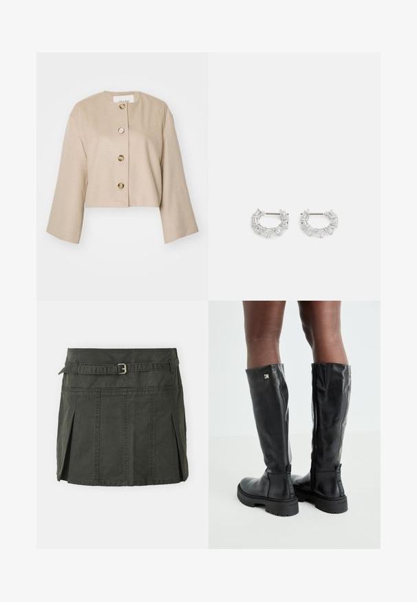 Krátka béžová bunda s okrúhlym výstrihom, piatimi veľkými gombíkmi a širokými rukávmi. Vyrobená z jemného materiálu s hladkou textúrou.; Svetlošedý skrátený úpletový sveter s čierno-bielymi vzormi kvetov, okrúhly výstrih a rebrované manžety. Mäkka textúra, ležérny dizajn.; Tmavozelená bavlnená mini sukňa s priliehavým pásom, pásikom a prednými prehybmi. Obsahuje detaily šitia a klasický strih.; Čierne kožené čižmy po kolená s hladkou textúrou, okrúhlou špičkou, masívnou podrážkou a zipsovým zapínaním. Na boku majú strieborné logo.; Strieborné kruhové náušnice s jasnými, obdĺžnikovými a trojuholníkovými kryštálmi usporiadanými v vzorovom dizajne. Západky pre zabezpečenie upevnenia.