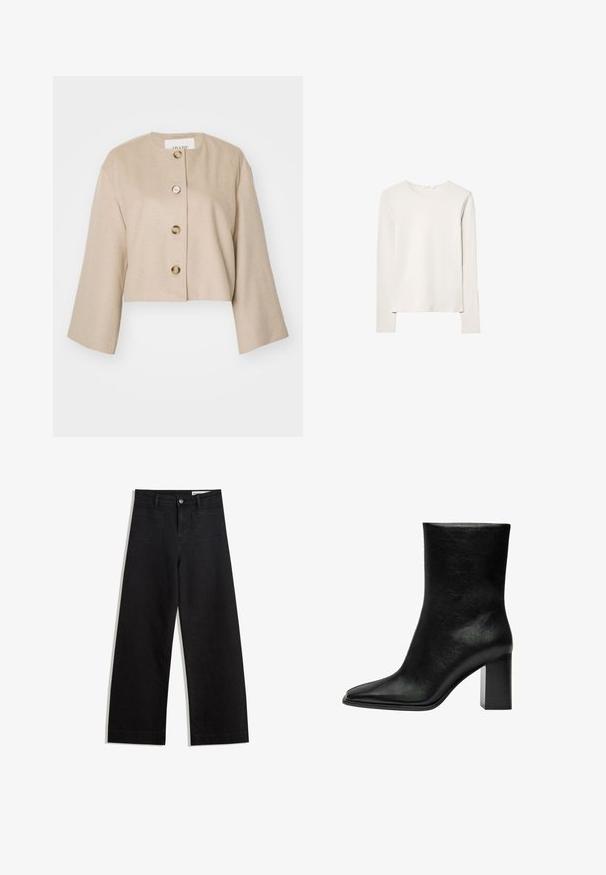 Beige Jacke mit rundem Ausschnitt, fünf großen Knöpfen und weiten Ärmeln. Aus weichem Material mit glatter Textur gefertigt.; Langarmshirt aus leichtem beigen Baumwollstoff. Rundhalsausschnitt mit geradem Saum, minimalen Nähten und glatter Textur. Einfaches Design ohne Muster oder Verzierungen.; Schwarze weit geschnittene Jeans mit hoher Taille, ausgestattet mit Vorder- und Hintertaschen, gesteppten Nähten und einem Knopfverschluss. Glatte Textur.; Schwarze Knöchelstiefel aus glattem Leder, mit einer spitzen Zehe und einem klobigen rechteckigen Absatz. Minimalistisches Design ohne Verzierungen.