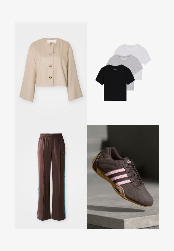 Kuttet beige jakke med rund hals, fem store knapper og brede ermer. Laget av mykt materiale med en glatt tekstur.; Sett med tre kortermede t-skjorter i svart, grått og hvitt. Laget av bomull, med rund hals og en enkel, ensfarget design.; Brune sporty bukser med ribbet tekstur, elastisk talje og turkise side striber. Har adidas-logoet på forsiden.; Brune suede atletik sko med rosa striper og logo, med en teksturert overdel, snøring og såle i gummigummi.