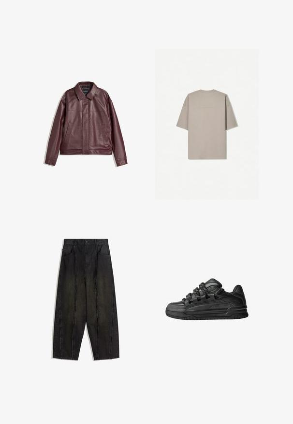 Giacca in ecopelle bordeaux con colletto piatto, chiusura frontale con zip, due tasche laterali e una vestibilità leggermente cropped. Superficie testurizzata.; Maglietta a maniche corte in cotone beige chiaro, con collo rotondo e design minimalista senza motivi o accenti visibili.; Pantaloni in denim neri a gamba larga con cuciture visibili e bordi sfrangiati, dotati di due tasche frontali e un design a vita alta.; Sneaker nere con una toma in pelle liscia, dettagli testurizzati e lacci tondi neri e bianchi. Suola spessa in gomma con battistrada gommato.