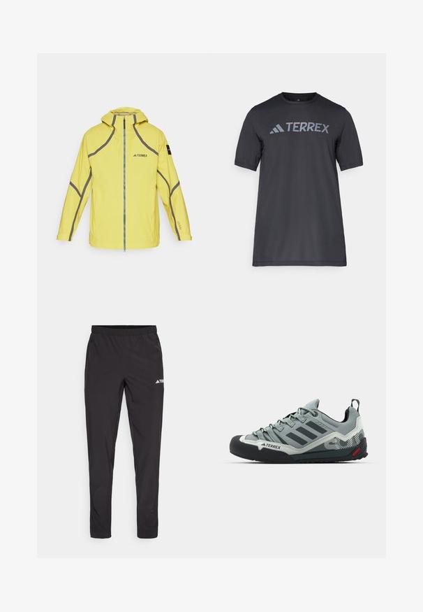 Casaco amarelo à prova d'água com capuz, detalhes cinzentos em contraste, fecho com zip e logótipo "TERREX". Apresenta mangas longas e punhos ajustáveis.; Camiseta preta de manga curta feita de tecido leve, com o logótipo cinza-claro "TERREX" atravessando o peito e um decote redondo.; Calças de treino pretas com uma cintura elástica, dois bolsos laterais com fecho e um logótipo na parte superior da perna direita. Tecido liso e leve.; Chalkboard cinzas com um cabedal texturizado, bico de borracha preta, três riscas escuras e um pequeno destaque vermelho na sola.