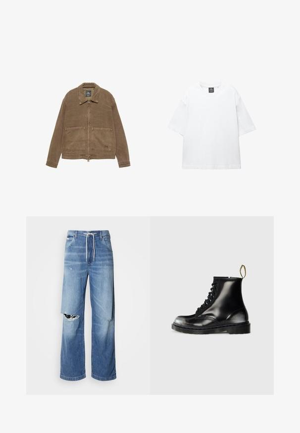 Brązowa kurtka zapinana na zamek z kołnierzem, dwoma przednimi kieszeniami naszytymi i widocznymi detalami przeszycia. Wykonana z teksturowanej tkaniny.; Biała krótka koszulka z krótkim rękawem, wykonana z bawełny, z okrągłym dekoltem i luźnym fasonem oraz prostym dołem. Bez wzorów ani ozdób.; Jasnoniebieskie dżinsy o luźnym kroju, z białym sznurkiem w pasie oraz wyraźnymi przetarciami z przodu, odsłaniającymi postrzępione krawędzie.; Czarne skórzane botki za kostkę o błyszczącej powierzchni, z ośmioma otworami na sznurówki, czarnymi sznurowadłami i pętelką do zakładania. Posiadają teksturowaną, kauczukową podeszwę.
