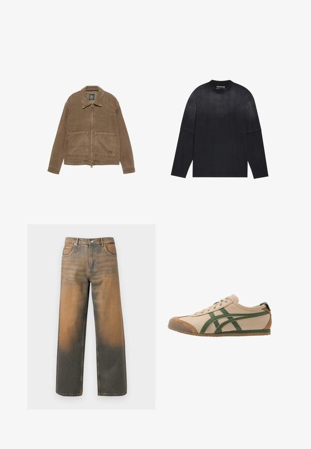 Ruskea vetoketjullinen takki, jossa on kaulus, kaksi etutaskua ja näkyviä ommeltuja yksityiskohtia. Valmistettu tekstuuripinnasta.; Pitkähihaine musta T-paita, joka on valmistettu pehmeästä kankaasta; siinä on pyöreä kaula-aukko, reilu istuvuus ja hienovarainen gradienttiefekti vaaleasta tummaksi.; Levin leveät farkut kuluneessa sinisessä ja ruskeassa denimmissä. Ominaisuuksiin kuuluu korkea vyötärö, etupussit ja klassinen napitus metallikoristeilla.; Beige nahkakengät vihreillä yksityiskohdilla, joissa on pyöreä kärki, litteä pohja sekä mokkanahkayksityiskohtia kärjessä ja kantapäässä.