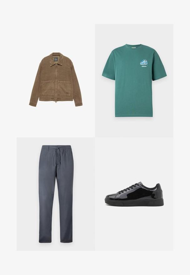 Rjava zip-up jakna s ovratnikom, dvema sprednjima žepoma in vidnimi šivi. Narejena iz teksturirane tkanine.; Zelena bombažna majica s kratkimi rokavi, ki ima majhen, pisan grafični dizajn na levem prsnem delu. Lahka, običajna prileganje.; Sive hlače iz gladkega materiala, z vrvico za zavezovanje in stranskimi žepi. Naravnost krojene z čistim zaključkom.; Črne patentne usnjene športne copate z okroglo konico, ravnim gumijastim podplatom in črnimi vezalkami. Gladka, sijoča tekstura na zgornji površini.