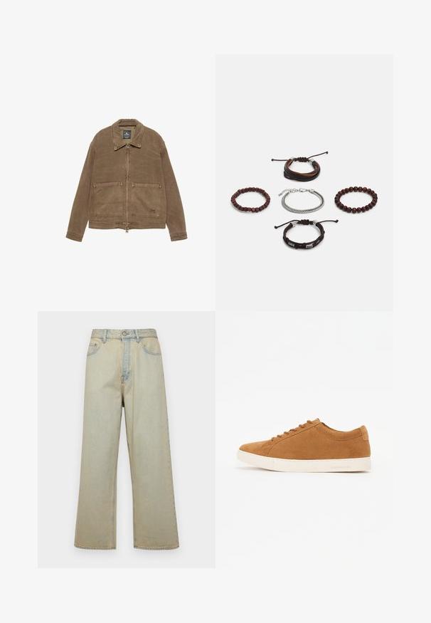 Hnedá bunda na zips s golierom, dvoma prednými náprsnými vreckami a viditeľnými švami. Vyrobená z textúrovanej látky.; Svetlozelené bavlnené tričko s krátkymi rukávmi, okrúhlym výstrihom a malým bielym logom na text v oblasti ľavej hrude.; Svetlomodré široké džínsy vyrobené z denimu s vyblednutým povrchom. Obsahujú päť vreciek a predné zapínanie na gombík.; Hnedé semišové tenisky s nízkym dizajnom, bielou gumovou podrážkou a okrúhlou špičkou. Obsahuje zladené šnúrky a minimálne značenie na päte.; Sada piatich náramkov pozostáva z hnedého pútka, drevených korálok a strieborného reťazca; rôzne textúry a tvary, s nastaviteľným uzáverom.