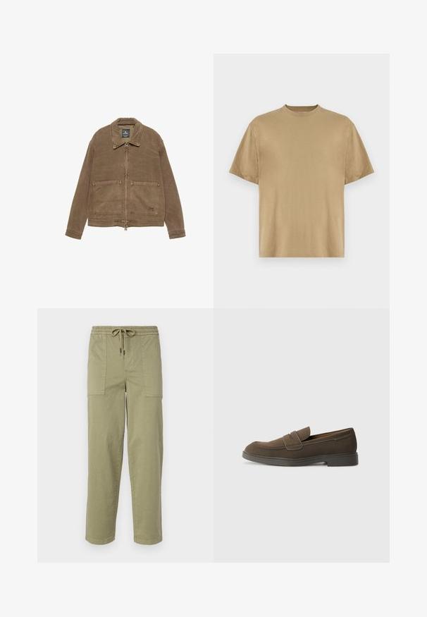 Brun zip-up jakke med krave, to forreste patch-lommer og synlige sømdetaljer. Fremstillet af tekstureret stof.; Khaki kortærmet T-shirt lavet af blødt stof, med rund halsudskæring og en afslappet pasform. Ingen mønstre eller grafik er synlige.; Lys olivengrønne bukser lavet af en bomuldsblanding, med elastisk talje med snor og to store sidelommer.; Brune ruskinds loafers med en rund tå, en rem over forfoden og en flad gummisål. Enkel design med rene linjer og minimal dekoration.