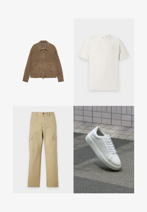 Jachetă zip-up maro cu guler, două buzunare frontale aplicate și detalii de cusătură vizibile. Fabricată dintr-un material texturat.; Tricou alb cu maneci scurte, dintr-un material ribbed. Guler rotund, croi lejer, fără modele sau accente vizibile. Design simplu și versatil.; Pantaloni cargo bej din bumbac, cu două buzunare laterale, închidere cu nasture și picioare drepte dintr-un material ușor texturat.; Sneaker alb din piele cu o suprafață netedă, vârf rotund și șireturi plate albe. Dispune de o talpă din cauciuc texturată și elemente de design minimale.