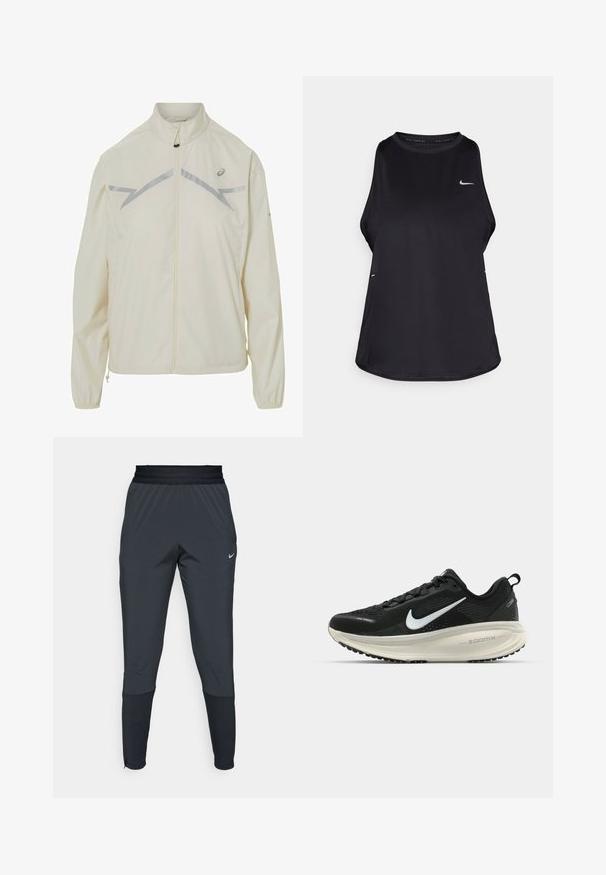 ASICS LITE SHOW JACKET - Juoksutakki - birch; Mustan hihattoman juoksupaidan ykkönen, joka on valmistettu kevyestä materiaalista ja jossa on pyöreä kaula-aukko; siinä on huomaamaton logo ja sivuleikkaukset hengittävyyden parantamiseksi.; Nike urheiluhaalareita tummanharmaana, joissa on kapeneva lahjesuunnittelu, joustava vyötärö ja korostedetaileja lahkeiden läheisyydessä.; Mustat Nike-juoksukengät, joissa on hengittävä verkko-osa, valkoinen swoosh-logo, teksturoitu yksityiskohtaus ja kermaisen värinen ZoomX-välipohja.